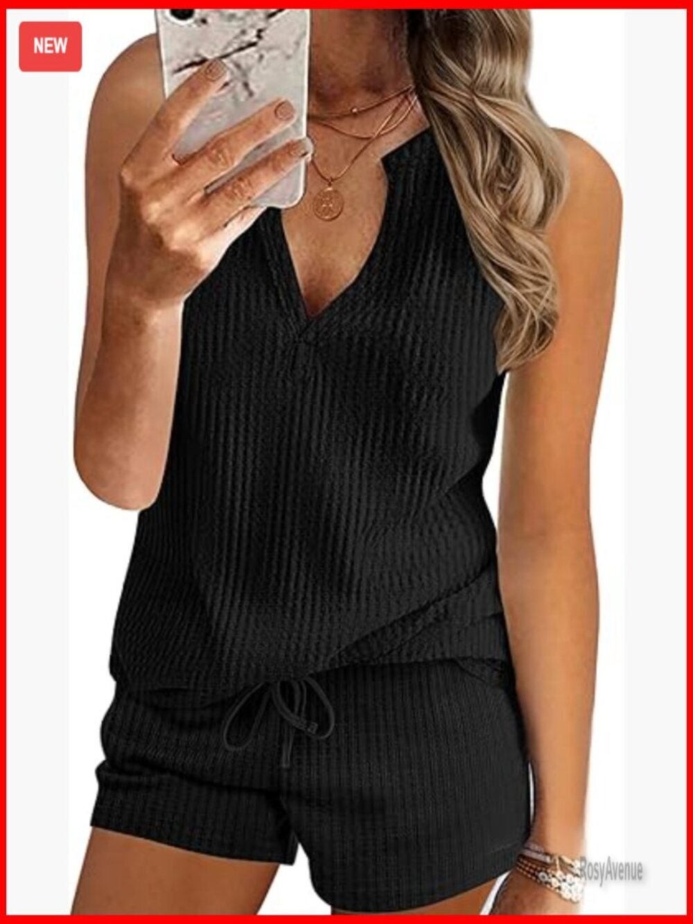 Waffle Knit Tank Top Lounge Shorts Set 2 Piece Pockets Loose Fit